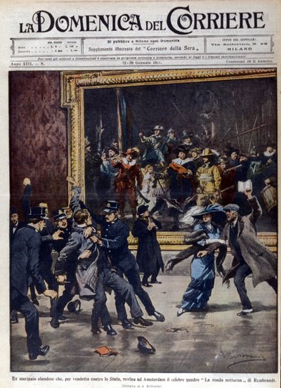 En tidligere hollandsk sømand forsøgte at ransage det berømte maleri af Rembrandt van Rijn (1606-1669), "Natterunden". Omslag til "" La Domenica del corriere"", ill. de Beltrame, 01/1911. af Achille Beltrame