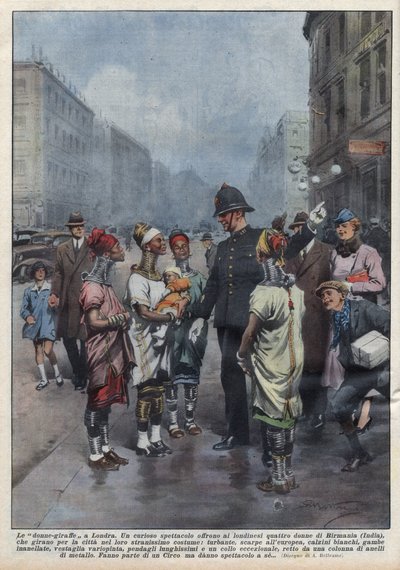 En gruppe kvinde-giraffer fra Burma spørger vej til en engelsk politimand (politimand) i London, de er klædt i turban, tunika, ringe om halsen og benene. Illustration af Achille Beltrame i "La domenica del Corriere"" af 26/04/1937. af Achille Beltrame