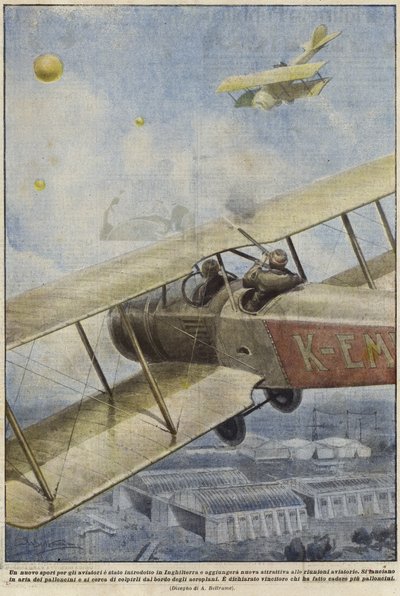 En bevæbnet mand i et fly skyder balloner over England af Achille Beltrame