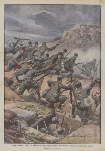 Nord for Monte Coston, 11. oktober, springer vores tropper ud af skyttegravene og afviser en fjendes fremrykning af Achille Beltrame