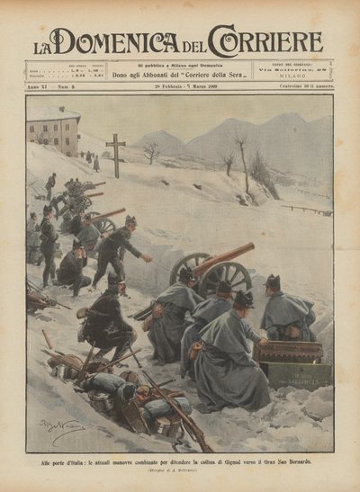 Ved portene til Italien, de nuværende kombinerede manøvrer for at forsvare bakken Gignod mod Great St Bernard Pass af Achille Beltrame