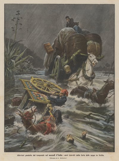 Stormfloder midt i Italien, vogne fejet væk af vandmasserne på Sicilien af Achille Beltrame