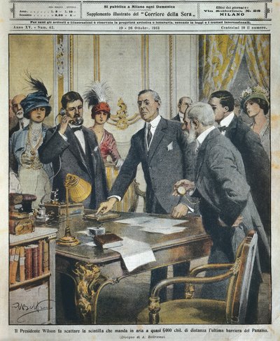Den amerikanske præsident Woodrow Wilson sætter telegrafisk detonation i gang, som ødelagde sidste barriere til Panamakanalen 6000 kilometer væk, af Achille Beltrame (1871-1945), fra La Domenica del Corriere af Achille Beltrame