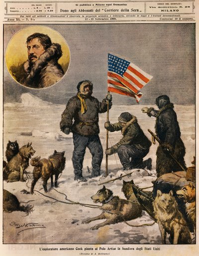 Den amerikanske opdagelsesrejsende Cook plantede det amerikanske flag på Nordpolen, illustration af Achille Beltrame (1871-1945), fra La Domenica del Corriere, 12. september af Achille Beltrame
