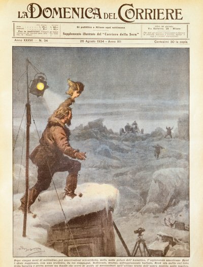 Den amerikanske opdagelsesrejsende, Richard E Byrd, får selskab af ledsagere i Antarktis efter at have været alene i fem måneder, af Achille Beltrame, illustration, illustrator Achille Beltrame (1871-1945), fra La Domenica del Corriere, 26. august 1934 af Achille Beltrame