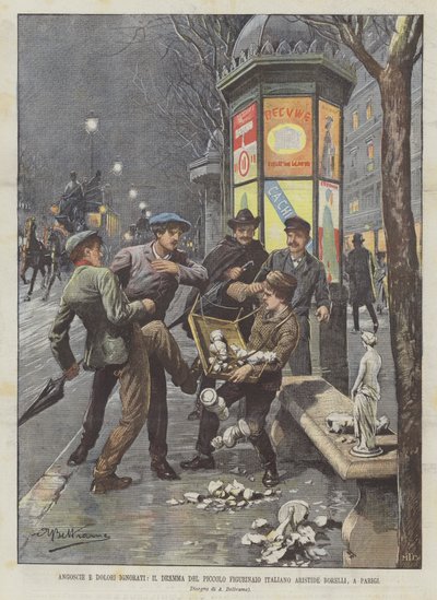 Nød og smerte ignoreret, dramaet om den lille italienske figurmager Aristide Borelli, i Paris af Achille Beltrame