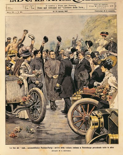 Ankomst til Sankt Petersborg af italiensk vinderbil (Itala 35/45 HK kørt af Scipione Borghese og Ettore Guizzardi), slutningen af Paris-Beijing motorløb, illustration af Achille Beltrame fra La Domenica del Corriere, 11.-18. august af Achille Beltrame