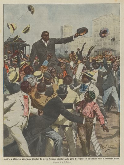 Ankomst til Chicago og en triumferende velkomst til Negro Johnson, vinderen af boksekonkurrencen ? af Achille Beltrame