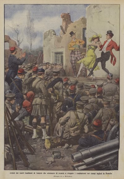Kunstnere fra Londons varietéteatre, som måtte tage ud og underholde de kæmpende i lejrene? af Achille Beltrame