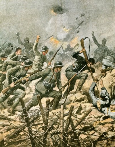 Assault on Mount Ortigara, af Achille Beltrame (1871-1945), illustration fra La Domenica del Corriere af Achille Beltrame