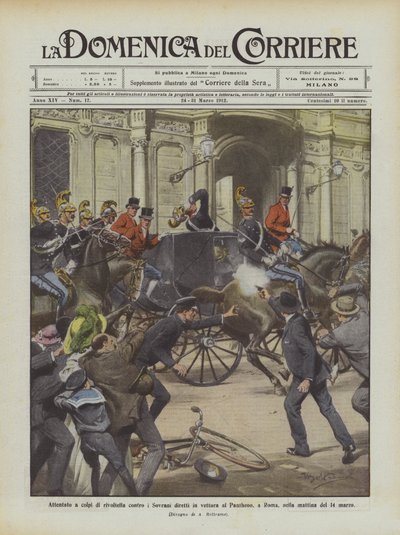 Angreb med revolverskud mod suverænerne ledet i bil til Pantheon i Rom om morgenen den 14. marts af Achille Beltrame