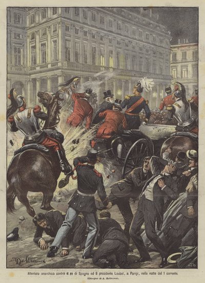 Anarkistisk angreb på kongen af Spanien og præsident Loubet i Paris natten til den 1. april af Achille Beltrame