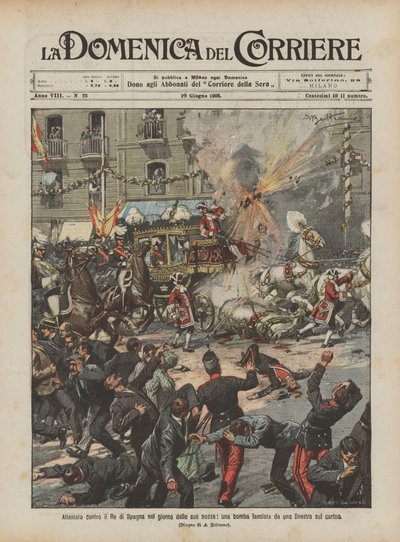 Angreb på den spanske konge på hans bryllupsdag, en bombe kastet fra et vindue på processionen af Achille Beltrame
