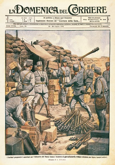 Østrigske barbarer forbereder sig til offensiven på Lower Isonzo, illustration fra La Domenica del Corriere, 23. juli af Achille Beltrame