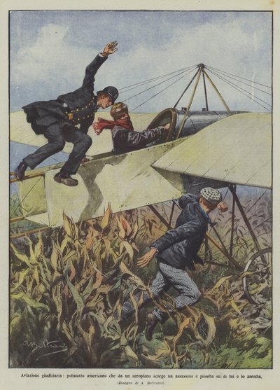 Retlig luftfart, amerikansk politimand, der ser en morder fra en flyvemaskine og styrter ned for at anholde ham af Achille Beltrame