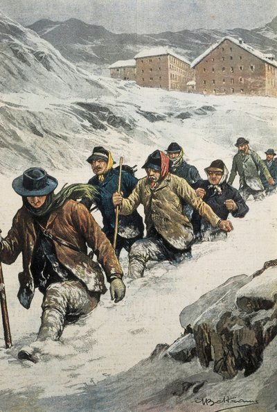 BELTRAME, Achilles (1871-1945). Italienske arbejdere krydser St. Bernard-passet mellem Aosta og Schweiz. Cover af "" La Domenica del Corriere"". 14/02/1904. Litografi. af Achille Beltrame
