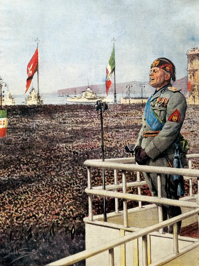 BELTRAME, Achilles (1871-1945). MUSSOLINI, Benito (1883-1945). Italiensk fascistisk politiker, Italiens hertug (leder) (1925-1943). The Duce taler til befolkningen i Trieste og verden (september 1938). Illustration af Achille Beltrame for "" Domenica del C af Achille Beltrame