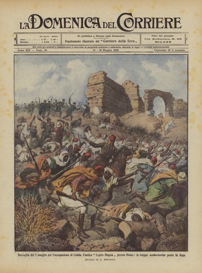 Slaget den 2. maj om besættelsen af Lebda, det gamle Leptis Magna nær Homs? af Achille Beltrame