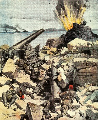 Slaget ved Dardanellerne, anglo-fransk flåde ødelægger Dardanellernes forter for at bryde strædet og ankomme til Konstantinopel, af Achille Beltrame (1871-1945), illustration fra La Domenica del Corriere, 14.-21. marts af Achille Beltrame