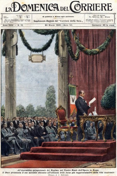 Benito Mussolini holdt sin tale i Teatro Reale i operaen i Rom foran regimets ledere. illustration af Achilles Beltrame."" Domenica del corriere"" af 24. marts 1929 af Achille Beltrame