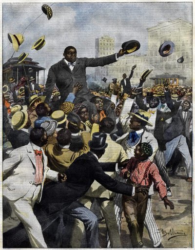 Bokseren Jack Johnson ankom til Chicago i 1910. Illustration af Achille Beltrame til La Domenica del Corriere””. af Achille Beltrame