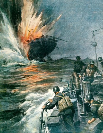 Britisk handelsskib sænket af italienske MAS i Middelhavet, 3. august af Achille Beltrame