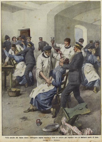 Britiske suffragetter bliver tvangsfodret i fængsler af Achille Beltrame