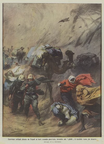 Militærkaravaner på vej fra Tripoli til forterne med forsyninger, ramt af Ghibli den Forfærdelige? af Achille Beltrame