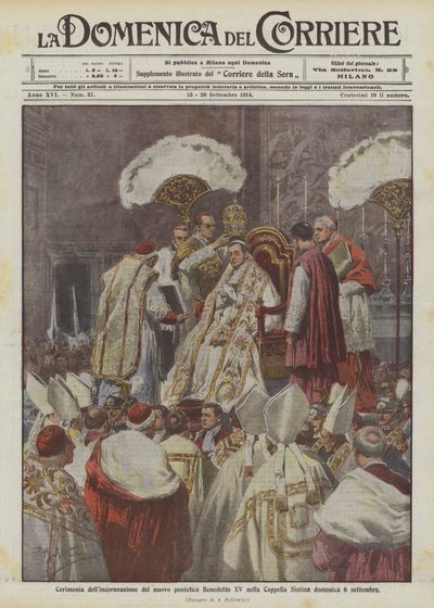 Ceremoni for kroningen af ​​den nye pave Benedikt XV i Det Sixtinske Kapel søndag den 6. september af Achille Beltrame