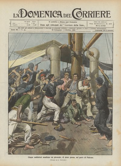 Fem forbrydere angriber et dampskib midt på dagen i Palermos havn af Achille Beltrame