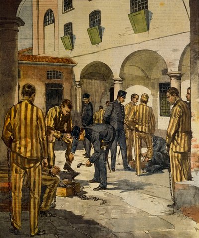Civile reformer: afskaffelse af lænker i Italiens fængsler af Achille Beltrame (1871-1945), fra La Domenica del Corriere, 3. oktober 1902 af Achille Beltrame