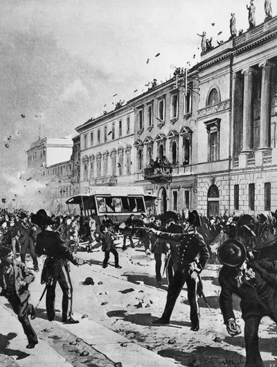 Sammenstød mellem demonstranter og politi i Milano, Corso Venezia, foran Palazzo Saporiti, 7. maj af Achille Beltrame