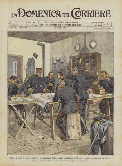 Mens moderne krige føres, leder marskal Oyama slaget om Mukden med ti? af Achille Beltrame