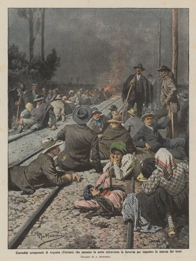 Strejkende landmænd fra Argenta (Ferrara), der bruger natten på at krydse jernbanen for at ? af Achille Beltrame