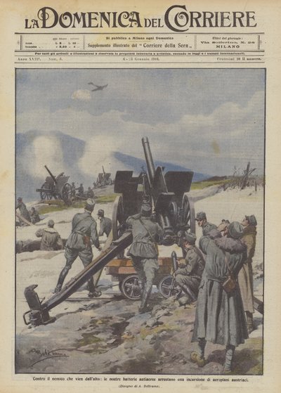 Mod fjenden fra oven stopper vores antiluftskyts batterier et raid af østrigske flyvemaskiner af Achille Beltrame