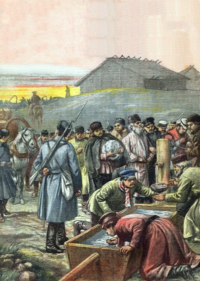 Konvoj af deporterede russiske politiske fanger i transit til eksil i Sibirien, illustration fra magasinet 