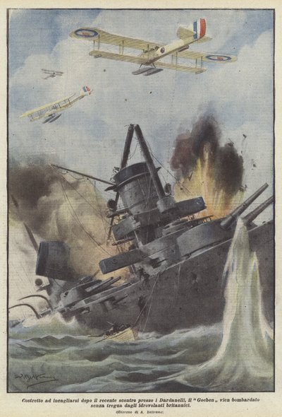 Tvunget til at gå på grund efter det nylige sammenstød ved Dardanellerne, bliver Goeben bombet? af Achille Beltrame