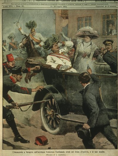 Forsideillustration af mordet på ærkehertug Franz Ferdinand af Østrig, arving til den østrig-ungarske trone, Sarajevo af Achille Beltrame