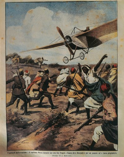 Forsideillustration af kaptajn Moizo, der forsøger en styrtlanding under den afrikanske kampagne, af Achille Beltrame (1871-1945), fra La Domenica del Corriere, 22. september 1912 af Achille Beltrame