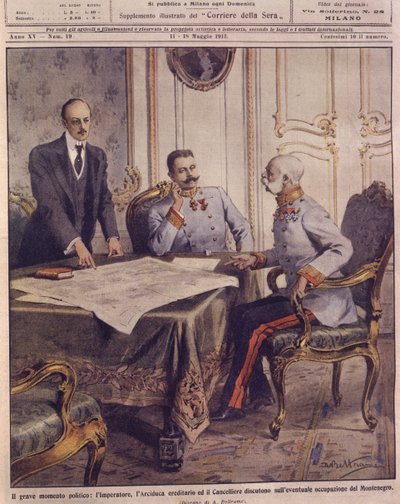 Forsideillustration af kejser af Østrig, der diskuterer mulig besættelse af Montenegro af Achille Beltrame