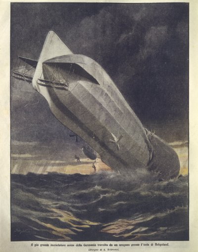 Forsideillustration af tysk krydser, der bliver fejet væk af orkan nær Helgoland Island af Achille Beltrame