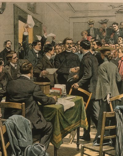 Forsideillustration af Maxim Gorkys ankomst til russiske revolutionæres møde; London, England af Achille Beltrame