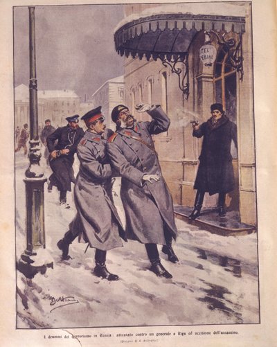 Forsideillustration af terrorisme i det russiske imperium; forsøg på generalens liv og død af overfaldsmanden i Riga af Achille Beltrame