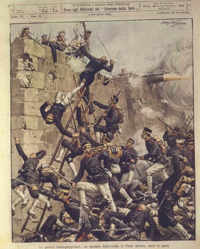 Forsideillustration af belejringen af Port Arthur i Kina under den russisk-japanske krig 1904-1905 af Achille Beltrame