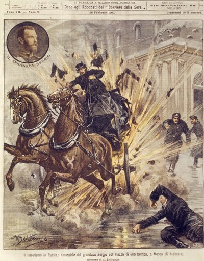 Forsideillustration af mordet på storhertug Sergei Alexandrovich Romanov med terrorbombe i Moskva, Rusland af Achille Beltrame