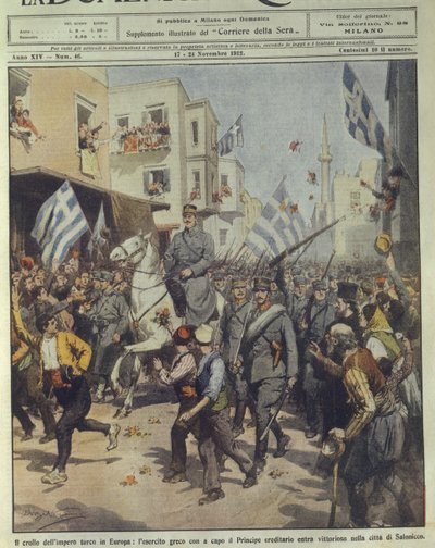 Forsideillustration af den sejrende græske hær, der går ind i Thessaloniki under det tyrkiske imperiums undergang af Achille Beltrame