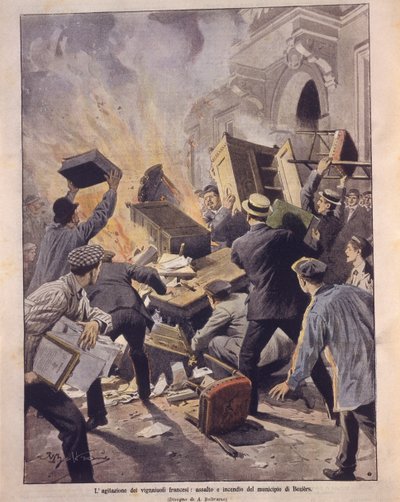 Forsideillustration af vinproducenter, der sætter ild til Beziers Rådhus under opstande i Frankrig af Achille Beltrame