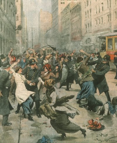 Forsideillustration af kvinder, der protesterer mod arbejdsløshed på gaden; New York, USA af Achille Beltrame