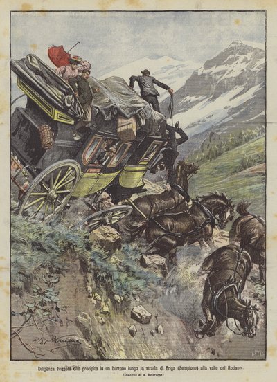 En schweizisk rytter styrter ned i en kløft på vejen fra Brig (Simplon) til Rhônedalen af Achille Beltrame