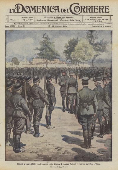 Foran sine soldater, der kom med vilje fra skyttegravene, bliver general Tettoni dekoreret af hertugen af ​​Aosta af Achille Beltrame